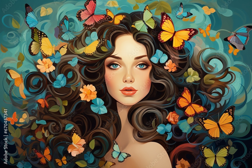 illustration ofBeautiful brunette with long hair flowers and butter,Generative ai