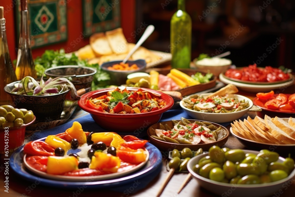 a tapas buffet with a range of brightly colored dishes