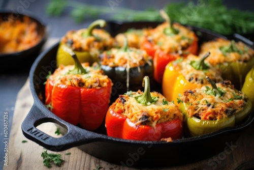 stuffed bell peppers in a cast iron skillet