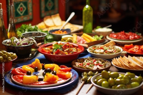 a tapas buffet with a range of brightly colored dishes © Alfazet Chronicles
