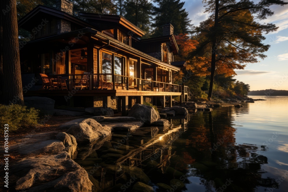 Lakeside cabin house with a stunning view of the water, Generative AI Lakeside cabin house with a stunning view of the water, Generative AI
