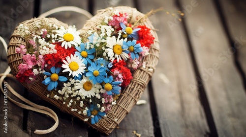 A heart-shaped bouquet of wildflowers wrapped in rustic twine, placed on an old wooden table.