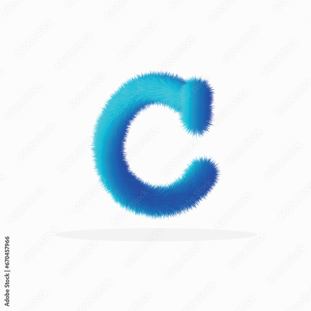  Feathered letter C font vector. Easy editable letters. Soft and realistic feathers. Blue, fluffy, hairy letter C, isolated on a white background.