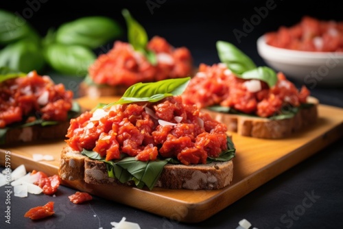 pile of diced tomatoes and torn basil placed on bread slices