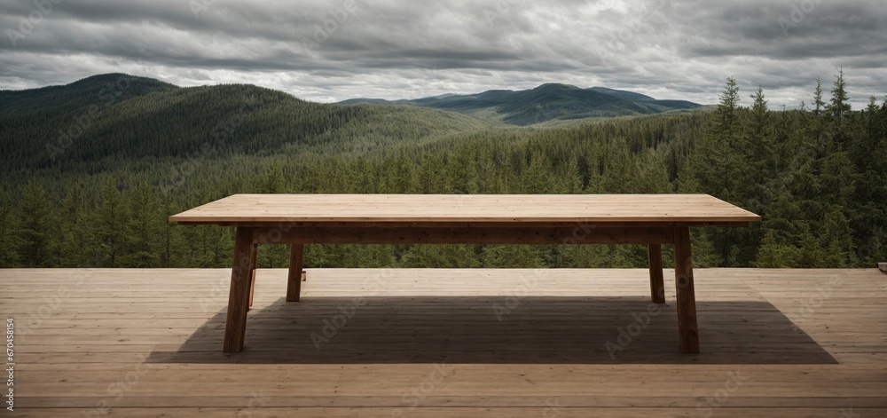 a wooden table that is empty with a background of  trees. ready for montage of the product display 