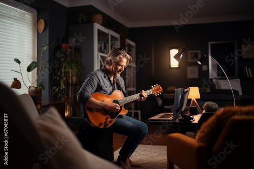 Musician playing guitar during online concert at home