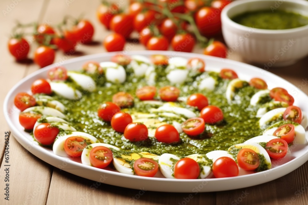 cherry tomatoes and mozzarella salad drizzled with pesto sauce cherry tomatoes and mozzarella salad drizzled with pesto sauce