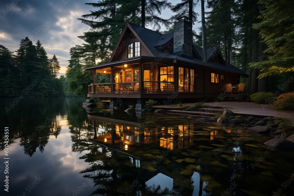 Cabin house on a serene lake, reflecting the beauty of the surroundings, Generative AI Cabin house on a serene lake, reflecting the beauty of the surroundings, Generative AI