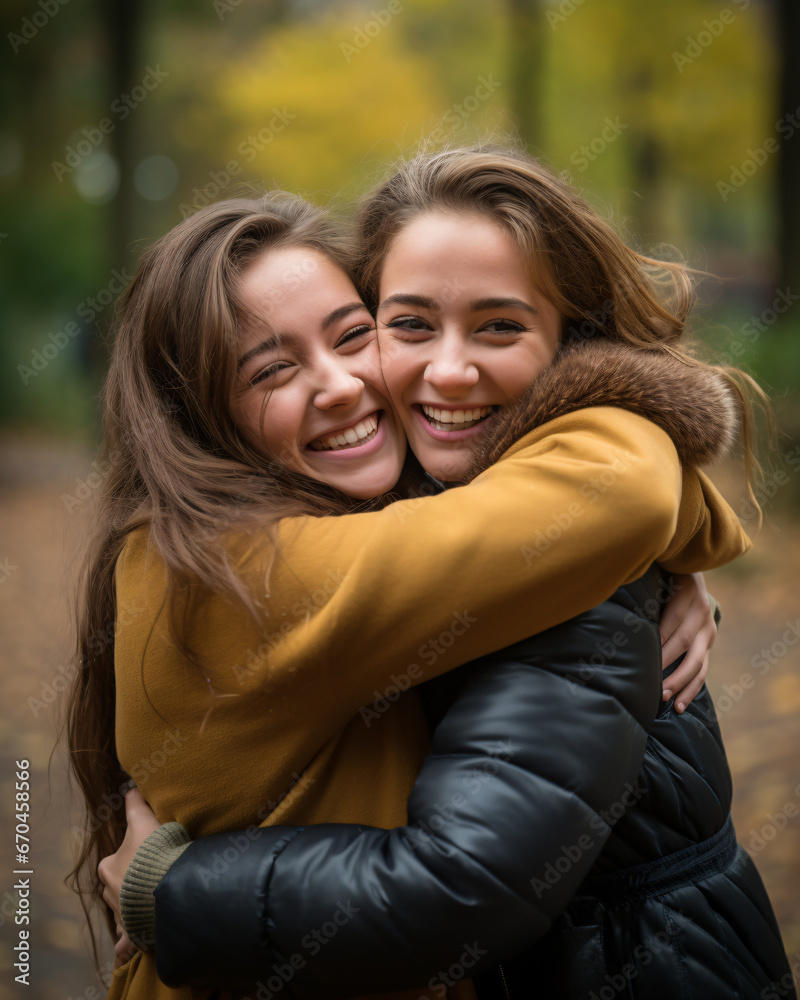 Reunion: happy friend hugging in the park. Family, friendship, relationship. Reunion: happy friend hugging in the park. Family, friendship, relationship.