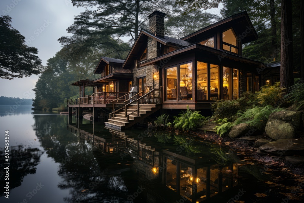 Cabin house on a serene lake, reflecting the beauty of the surroundings, Generative AI