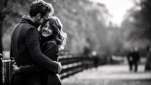 Happy couple hugging in autumn park