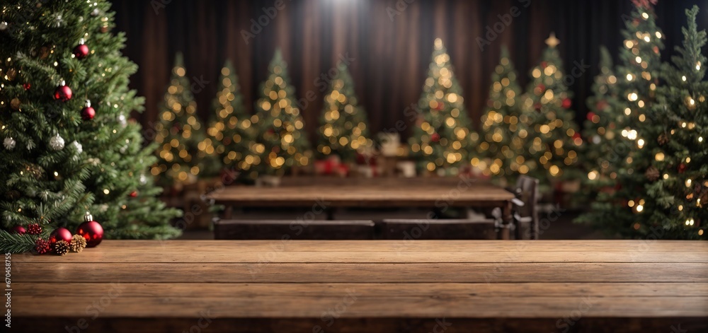 a wooden table that is empty with a background of Christmas trees. ready for montage of the product display 