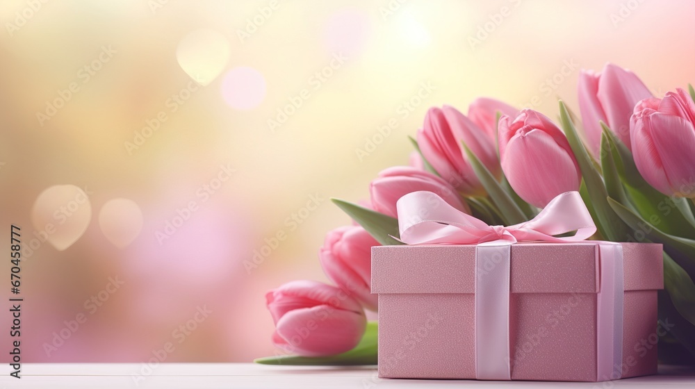 Gift box with a bouquet of pink tulips. Postcard template Happy Mother's Day, International Women's Day, Birthday, Valentine's Day - obrazy, fototapety, plakaty 