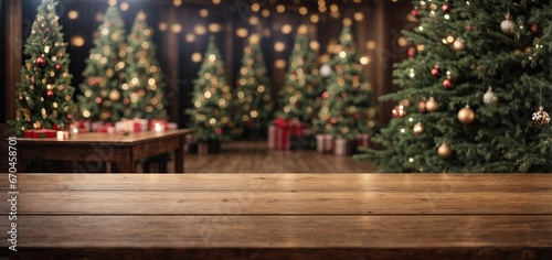 a wooden table that is empty with a background of Christmas trees. ready for montage of the product display  © SR Production