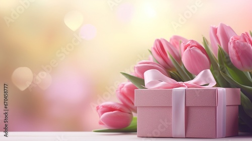 Gift box with a bouquet of pink tulips. Postcard template Happy Mother's Day, International Women's Day, Birthday, Valentine's Day