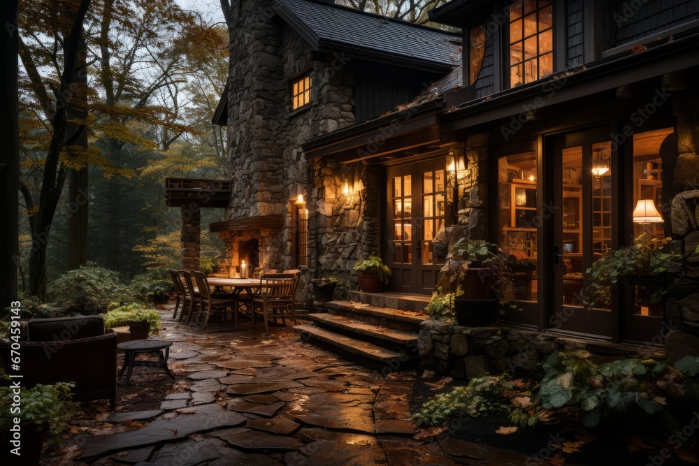 Cabin house with a rustic stone chimney and a warm, inviting atmosphere, Generative AI Cabin house with a rustic stone chimney and a warm, inviting atmosphere, Generative AI