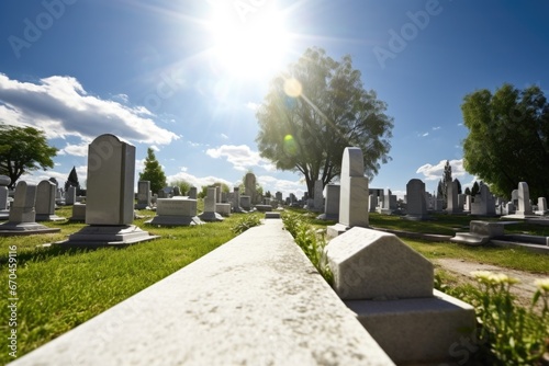 marble tombstones in a peaceful cemetery under the midday sun