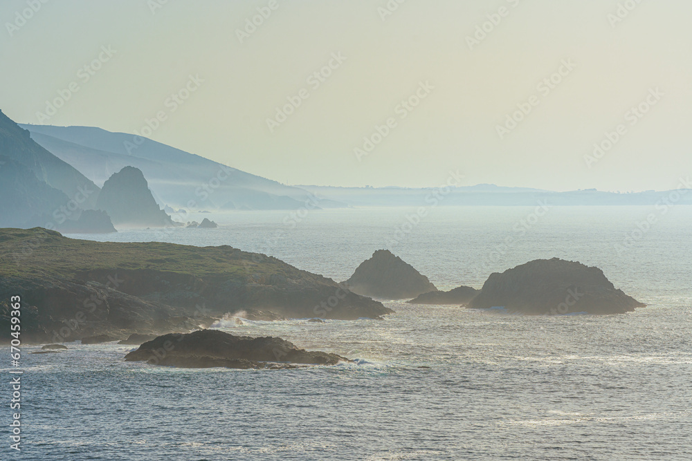 Idyllic view of the Atlantic Ocean coast in Galicia, Spain featuring rocks