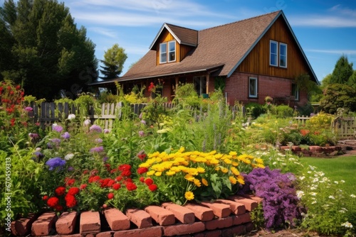 a wood and brick farmhouse behind a vibrant flower garden