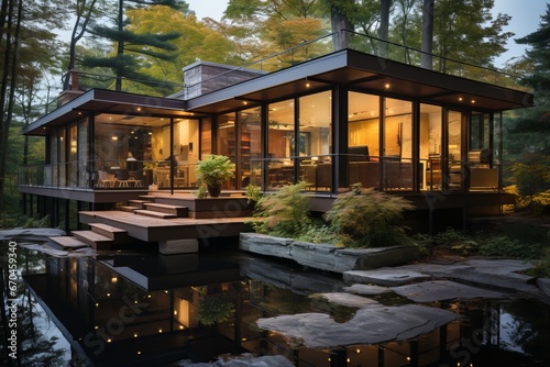 Modern cabin house with sleek architectural lines, Generative AI
