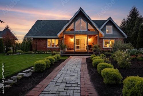 farmhouse with a brick walkway leading to a gabled entry