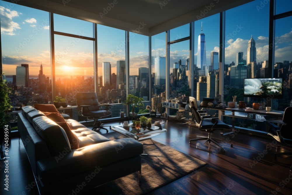 Modern office cabin with sleek glass walls and a city skyline view ...