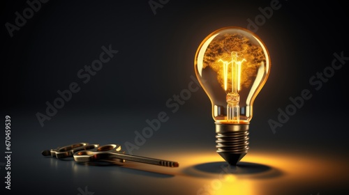 Key to Success A small golden key inside a light bulb photo
