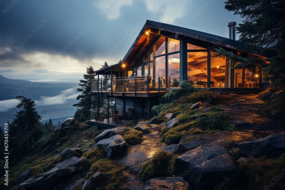 Remote cabin house perched on a hillside, offering solitude and breathtaking views, Generative AI Remote cabin house perched on a hillside, offering solitude and breathtaking views, Generative AI
