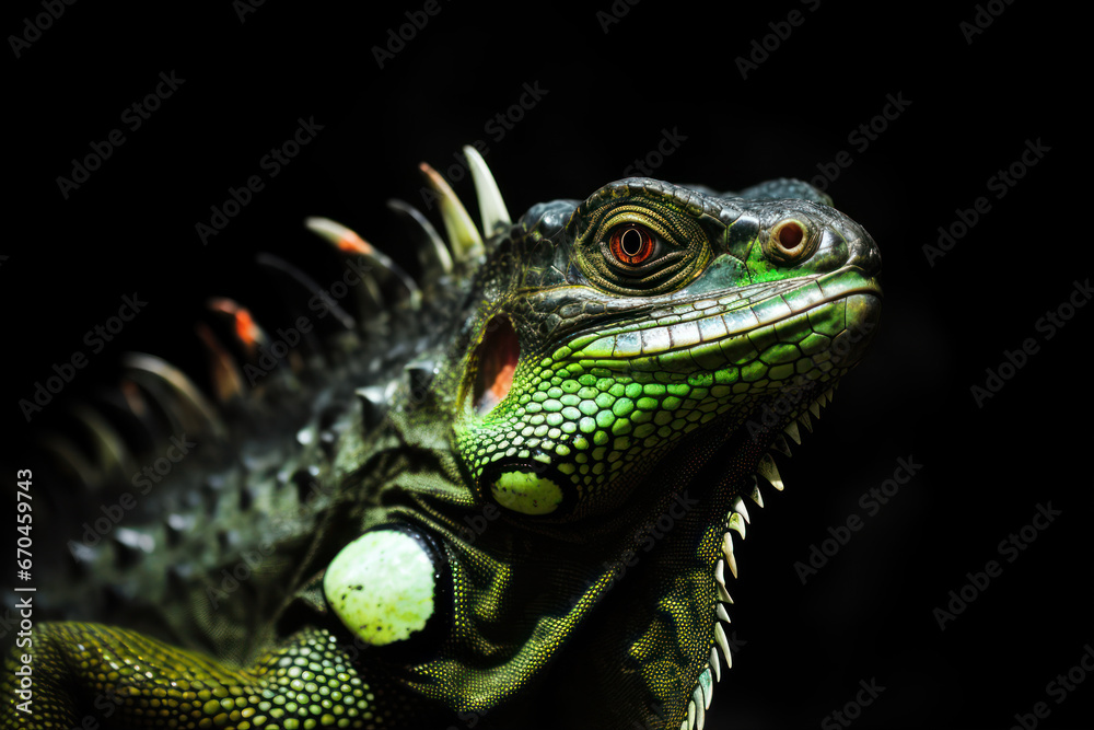 Picture of an iguana with light shining on its body, making it stand out beautifully in a dark background. Picture of an iguana with light shining on its body, making it stand out beautifully in a dark background.