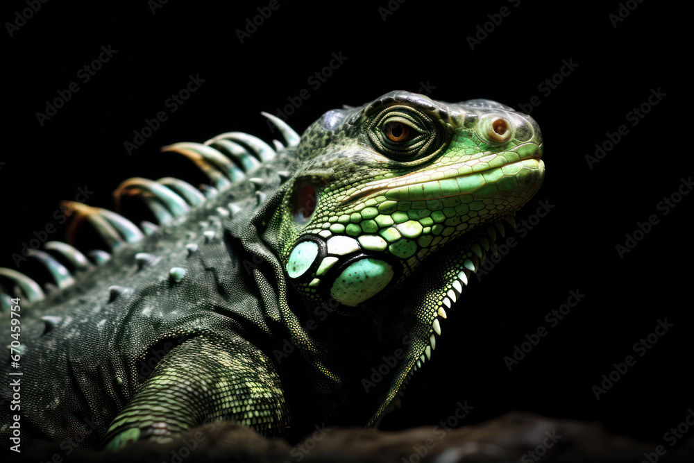 Fototapeta premium Picture of an iguana with light shining on its body, making it stand out beautifully in a dark background.