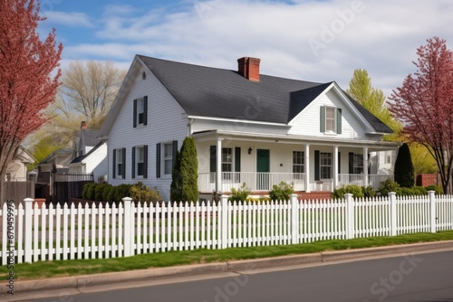 georgian building with hip roof and white picket fence