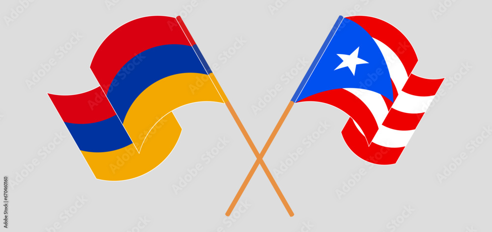 Crossed and waving flags of Armenia and Puerto Rico