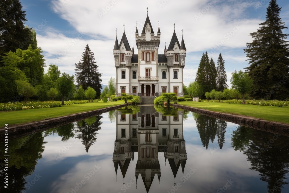 gothic revival battlements mirrored on a still lake beneath