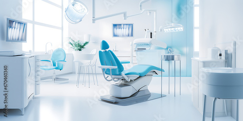 dental office with a dentist chair and equipment is shown with a blurred, Modern dental office setup showcasing equipment background with empty space