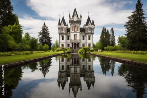 gothic revival battlements mirrored on a still lake beneath