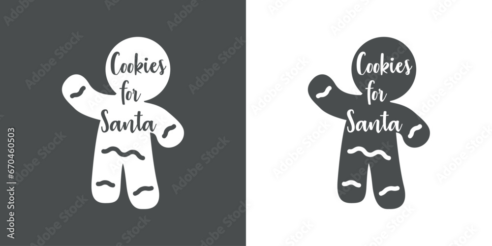 Tiempo de Navidad. Postre navideño. Logo con texto manuscrito Cookies for Santa en silueta de hombre de pan de jengibre para usar en invitaciones y felicitaciones