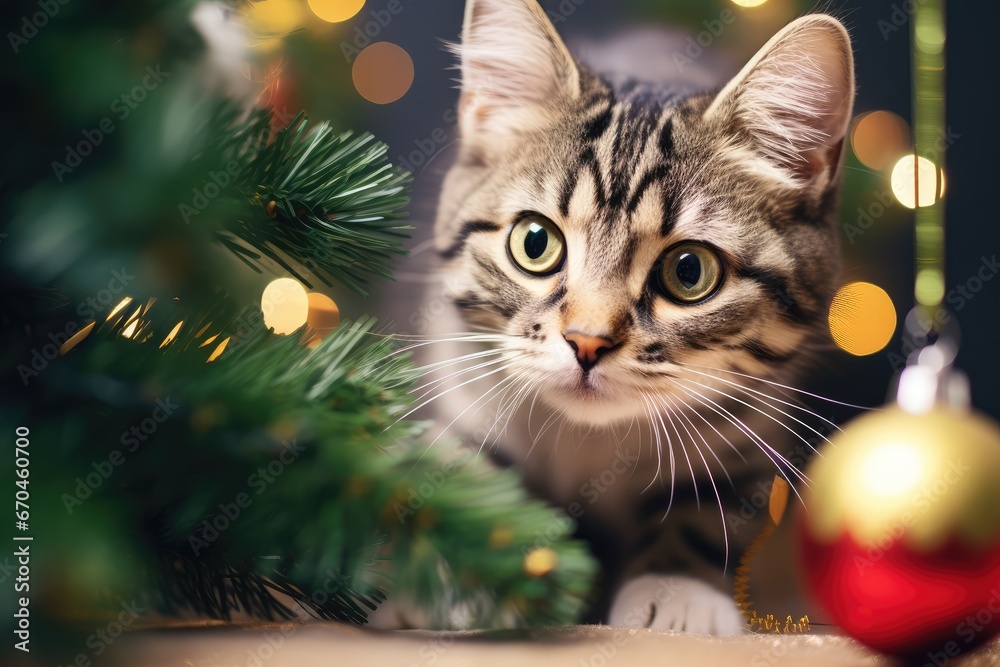 Pet Christmas - Adorable cat playing with a shiny Christmas bauble on a decorated tree - AI Generated