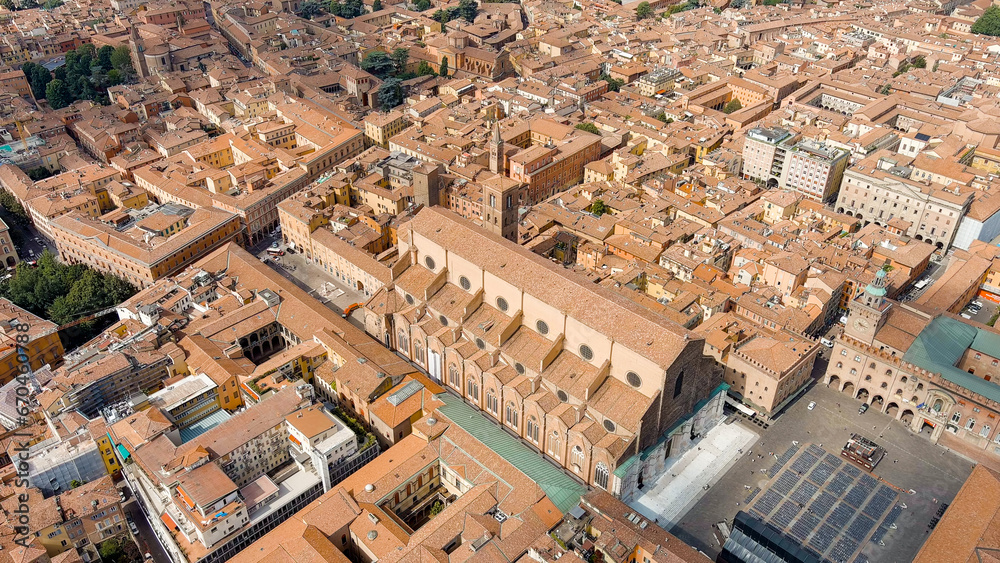 Bologna, Italy. Old Town. Basilica of San Petronio. Panoramic view of the city. Summer, Aerial View