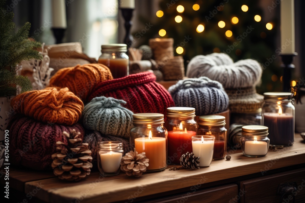 DIY Christmas Gifts - Table spread with homemade crafts, candles, and knitwear, showcasing the DIY gift trend - AI Generated