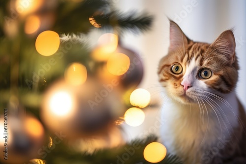 Pet Christmas - Adorable cat playing with a shiny Christmas bauble on a decorated tree - AI Generated