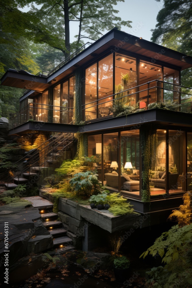 Cabin house with a contemporary and sustainable design, blending with nature, Generative AI Cabin house with a contemporary and sustainable design, blending with nature, Generative AI