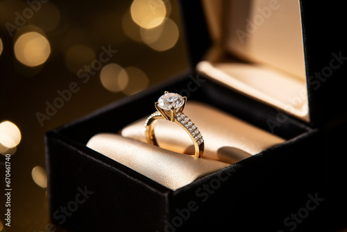 Close up of a stunning engagement ring in a box photo