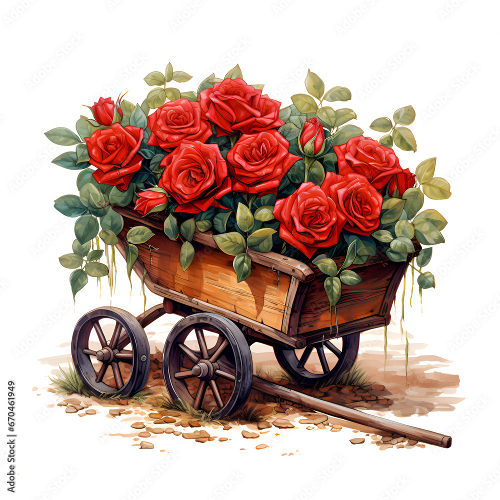 Cart with roses watercolor garden floral isolated