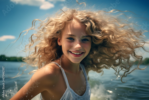 girl laughing at a lake, fun times at lake, woman, girl young girl, blond girl © MrJeans