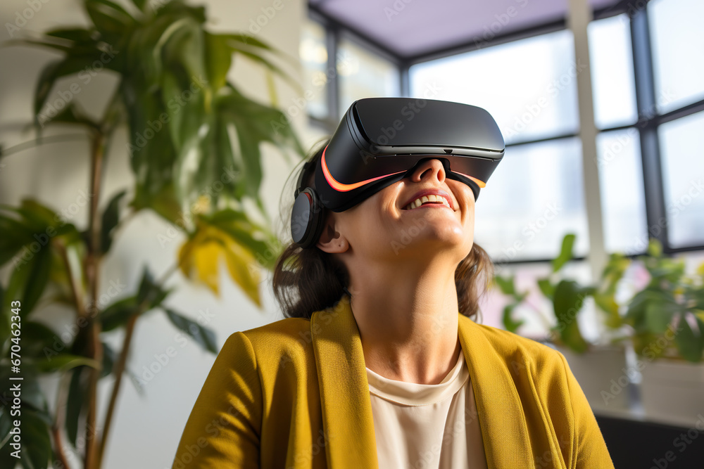 a woman uses virtual reality glasses in the office