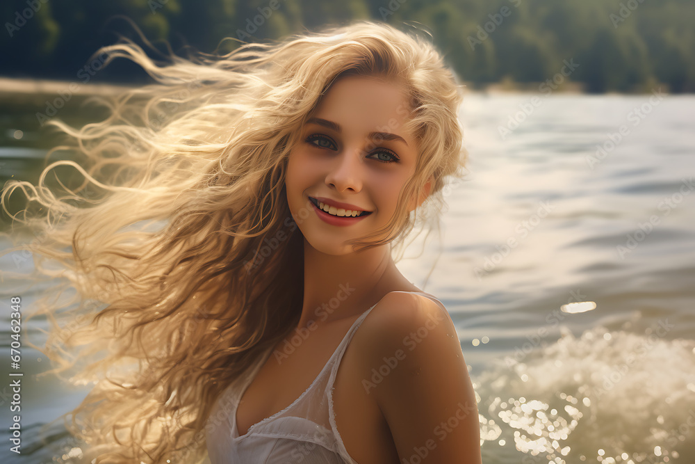 girl laughing at a lake, fun times at lake, woman, girl young girl, blond girl