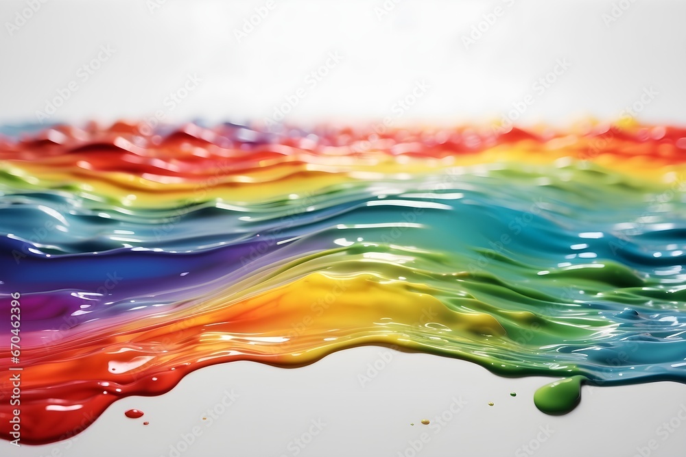 abstract art, dynamic motion and energy of vibrant splash of rainbow-colored liquid against a white background