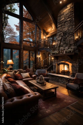  Cozy mountain cabin house with a roaring fireplace, Generative AI © Shooting Star Std