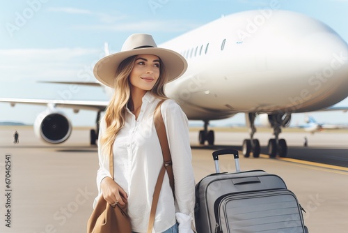 Departure - young woman at an airport about to board an aircraft on a sunny summer day