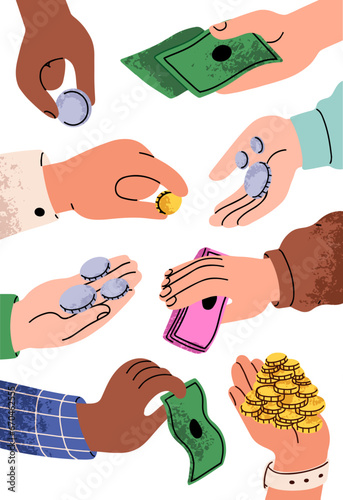 Money in hands set. Giving, exchanging, holding cash, paper bills, banknotes, coins. Paying, donating finance. Financial concept. Flat graphic vector illustrations isolated on white background
